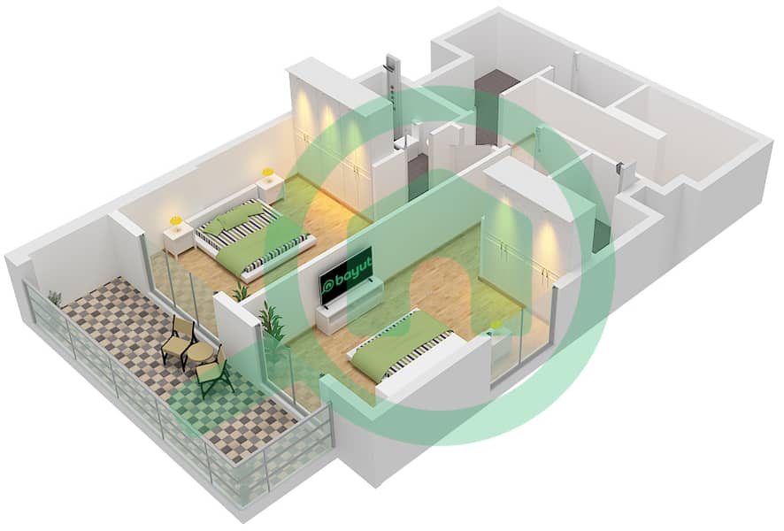 المخططات الطابقية لتصميم النموذج C2 FLOOR 1,2 شقة 2 غرفة نوم - كيو جاردنز لوفتس Type C2 Upper Floor 2 interactive3D
