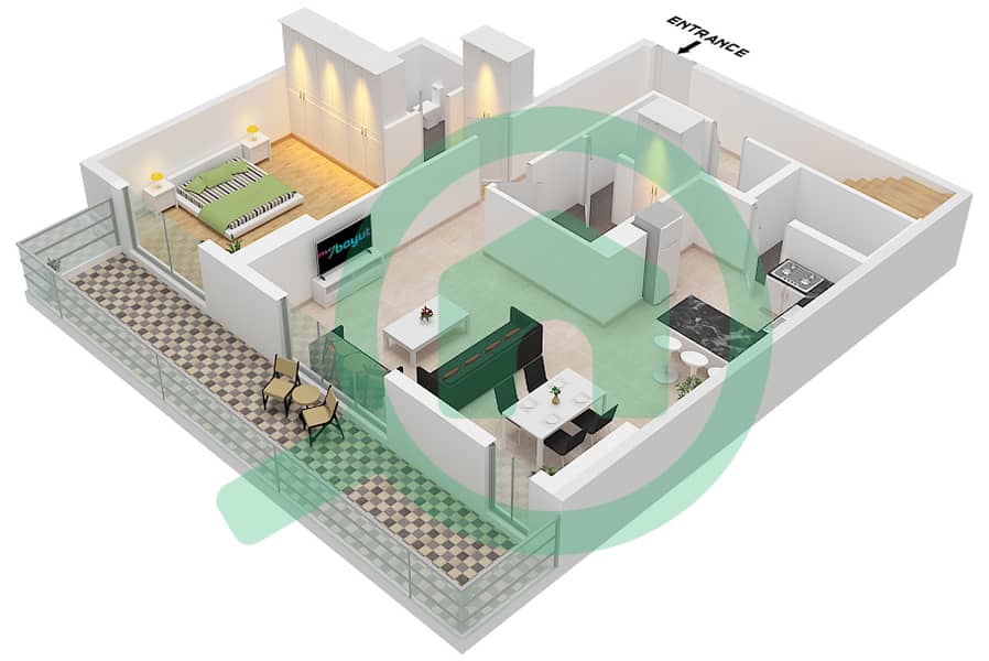 المخططات الطابقية لتصميم النموذج A FLOOR 14,17 شقة 3 غرف نوم - كيو جاردنز لوفتس Type A Lower Floor 14,16 interactive3D