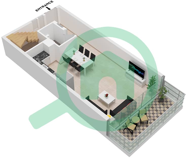 المخططات الطابقية لتصميم النموذج B شقة 3 غرف نوم - بيرلا 2 Type B Lower Floor Ground Floor - Floor 10 interactive3D