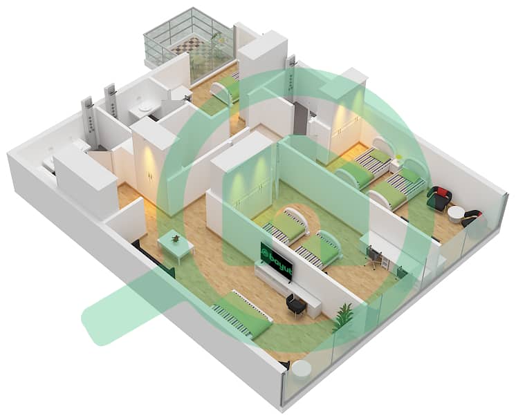 المخططات الطابقية لتصميم النموذج A شقة 5 غرف نوم - بيرلا 2 Type A Upper Floor Ground Floor - Floor 10 interactive3D