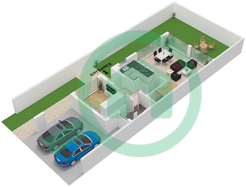 المخططات الطابقية لتصميم النموذج A تاون هاوس 4 غرف نوم - غرين وودز Type A Ground Floor interactive3D