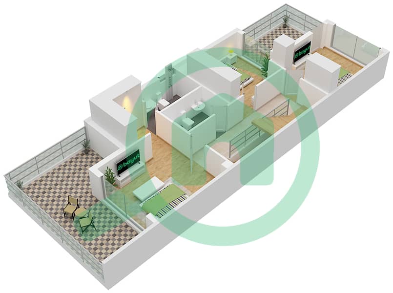 المخططات الطابقية لتصميم النموذج A تاون هاوس 4 غرف نوم - غرين وودز Type A First Floor interactive3D