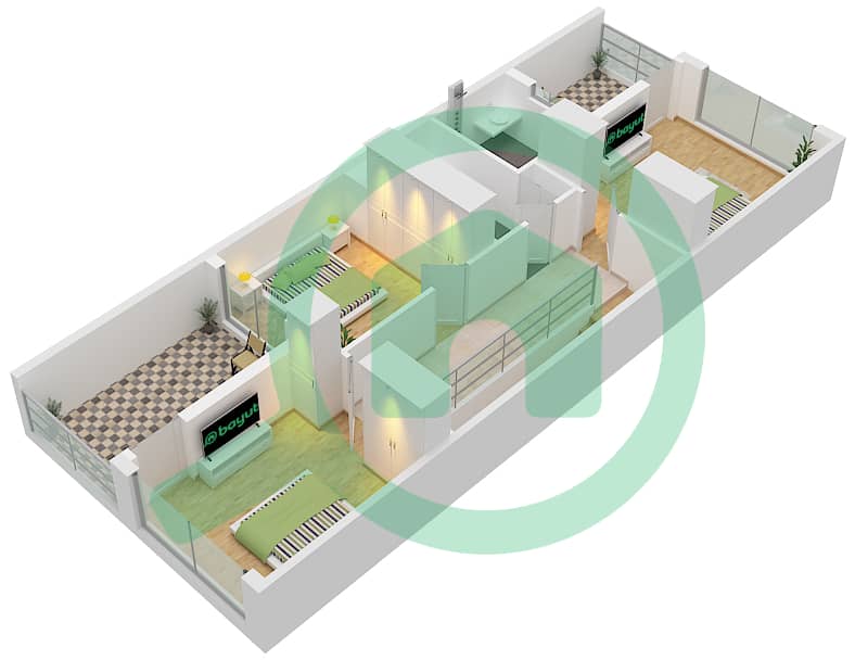 المخططات الطابقية لتصميم النموذج B تاون هاوس 3 غرف نوم - غرين وودز Type B  Floor First interactive3D