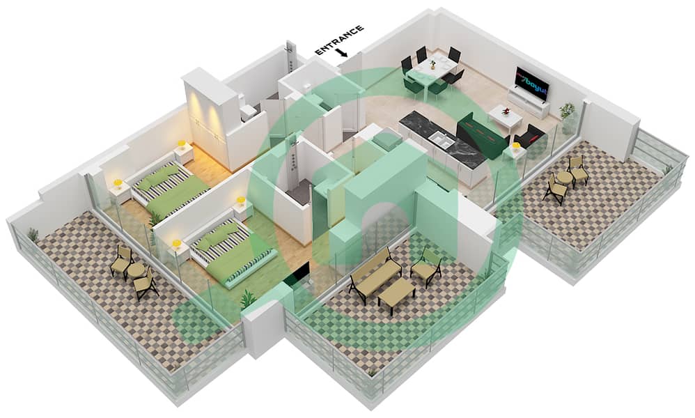 Парагон от IGO - Апартамент 2 Cпальни планировка Тип 2B FLOOR 10-17 2B  Floor 10-17 interactive3D