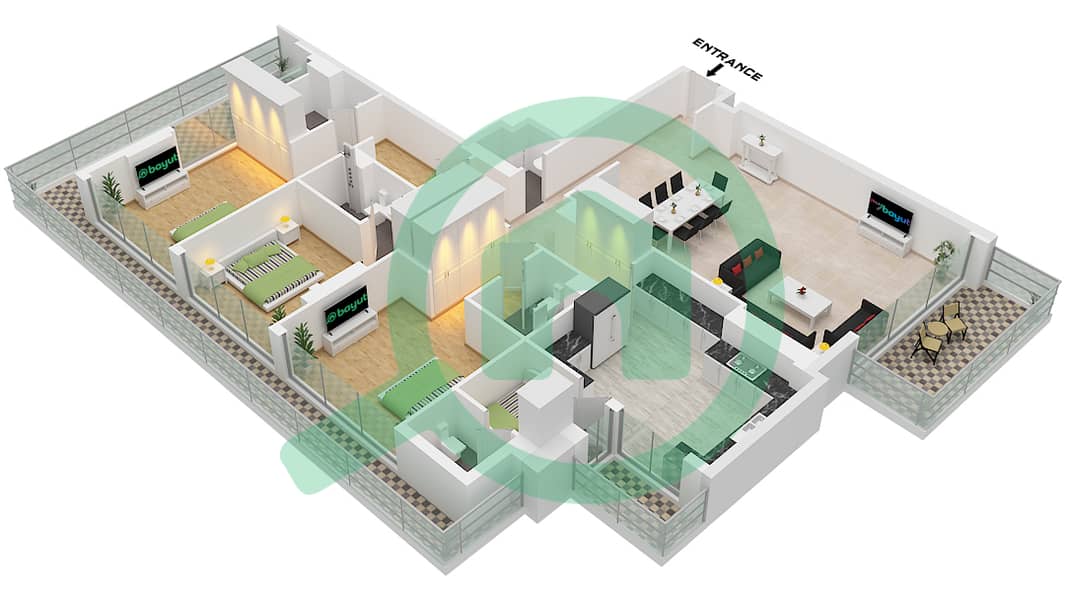 Парагон от IGO - Апартамент 3 Cпальни планировка Тип 3A FLOOR 18-23 3A  Floor 18-23 interactive3D