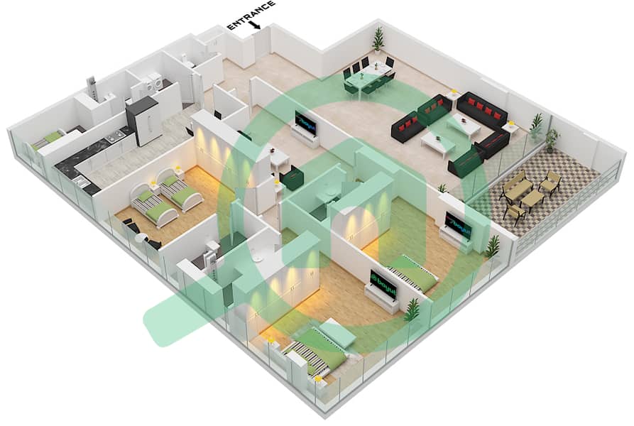 夏尔迦露台公寓 - 4 卧室公寓类型2戶型图 Type 2 interactive3D