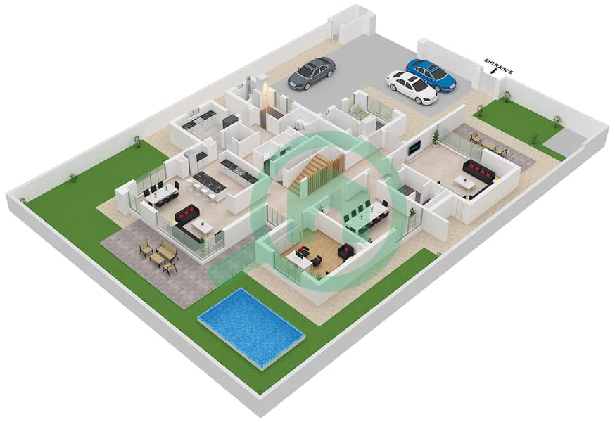 المخططات الطابقية لتصميم النموذج B فیلا 5 غرف نوم - ذا ديونز Type B Floor Ground interactive3D