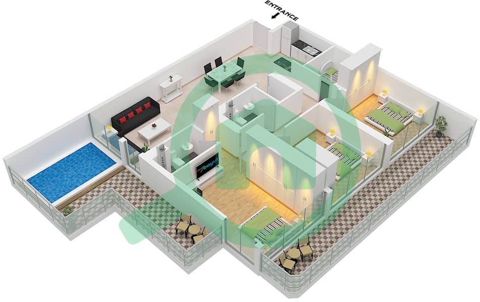 Жемз от Данубе - Апартамент 3 Cпальни планировка Тип/мера A/ UNIT 04,13 A/ Unit 04,13 Floor 1 interactive3D