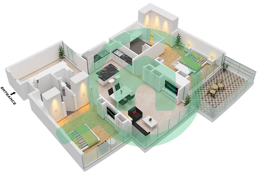 Усадьбы Кавалли - Апартамент 2 Cпальни планировка Тип A1 FLOOR 12-22 Type A1 Floor 12-22,31-37 interactive3D