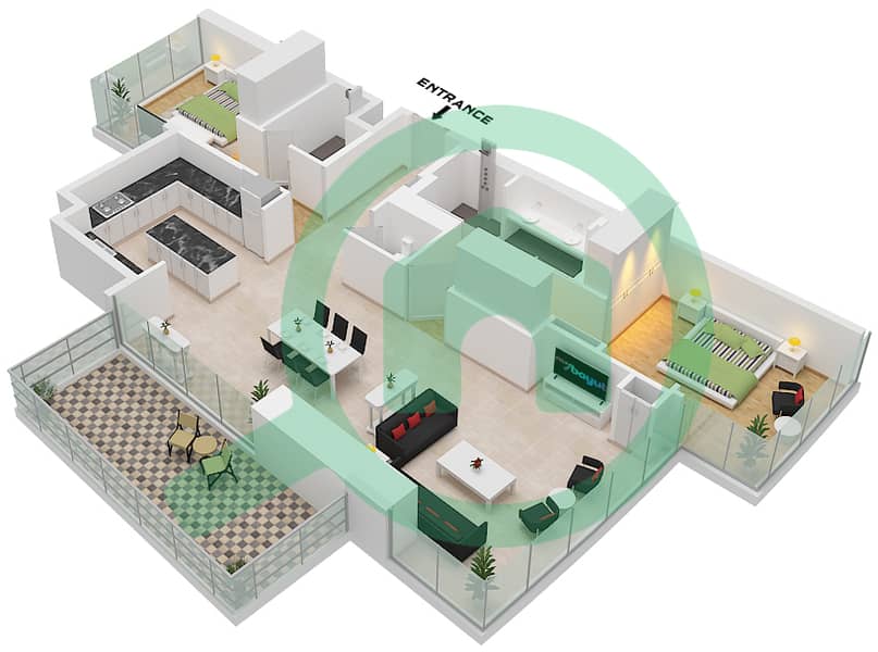Усадьбы Кавалли - Апартамент 2 Cпальни планировка Тип B FLOOR 38-42 Type B Floor 38-42 interactive3D