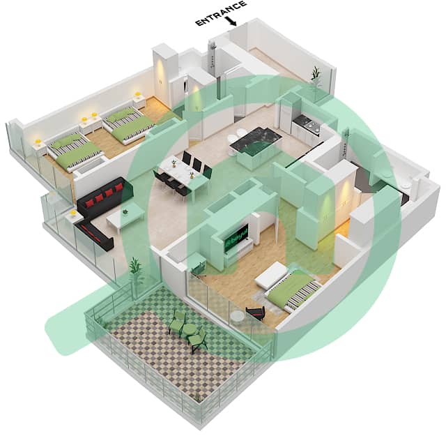 Усадьбы Кавалли - Апартамент 2 Cпальни планировка Тип A1 FLOOR 38-42 Type A1 Floor 38-42 interactive3D
