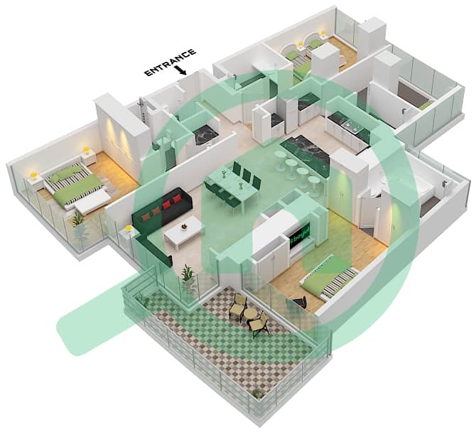 Усадьбы Кавалли - Апартамент 3 Cпальни планировка Тип A1 FLOOR 38-47 Type A1 Floor 38-47 interactive3D