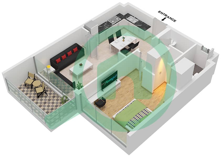 Жемз от Данубе - Апартамент 1 Спальня планировка Тип/мера E/UNIT 02,11,15 interactive3D