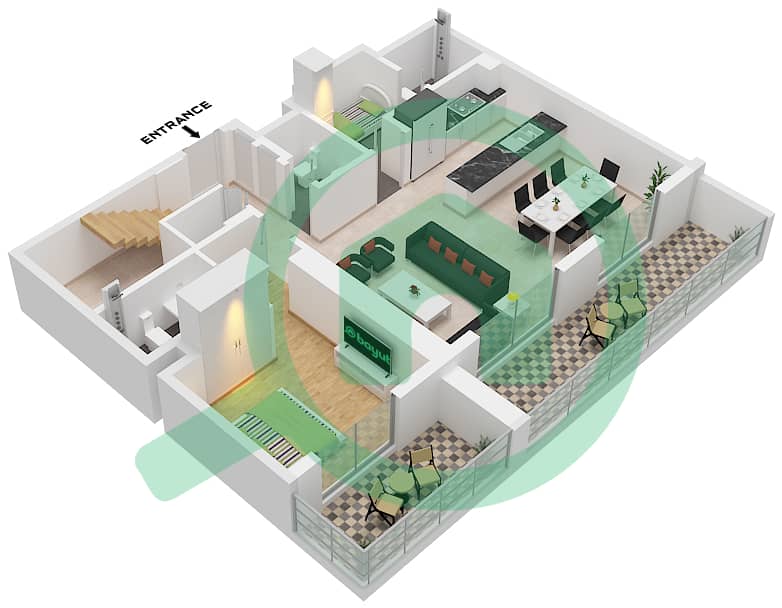 海滨1号大厦 - 4 卧室联排别墅类型／单位1/UNIT 02 FLOOR GROUND戶型图 Type 1 Unit 02 Ground Floor-P1 interactive3D