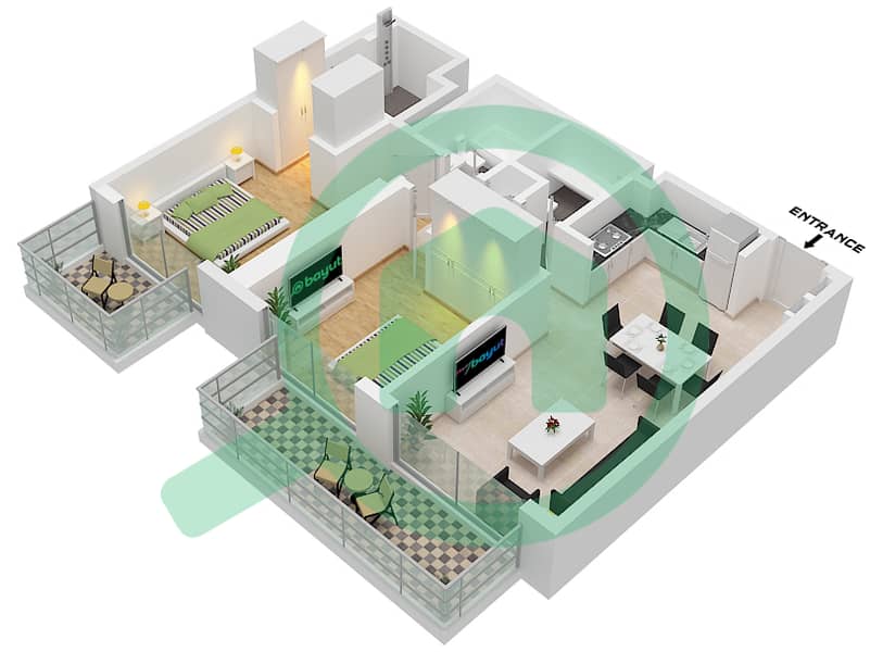 海滨1号大厦 - 2 卧室公寓类型／单位1 / UNIT 02 FLOOR P2-P7戶型图 Type 1 Unit 02 Floor P2-P7,1-19 interactive3D