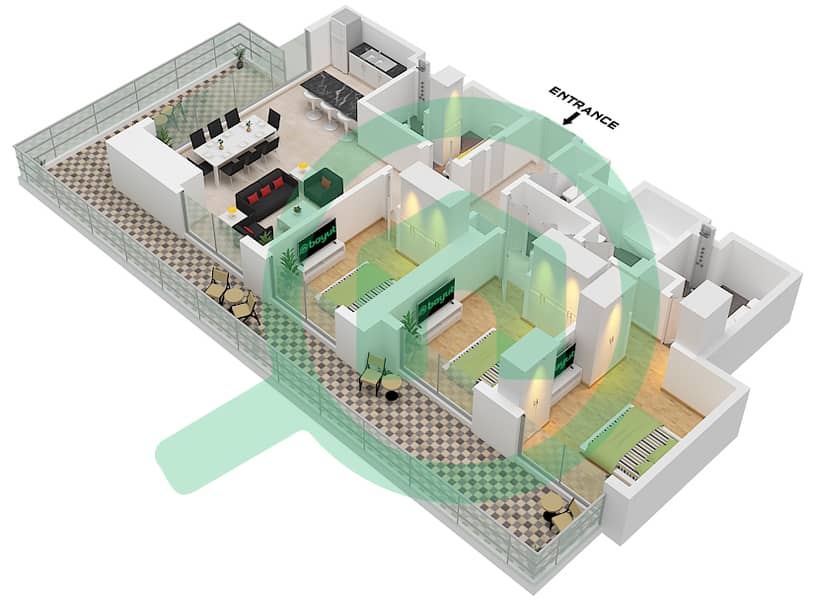 Бич Мэншн Тауэр 1 - Апартамент 3 Cпальни планировка Тип/мера 1 / UNIT 01 FLOOR-1,1-19 Type 1 Unit 01 Floor-1,1-19 interactive3D