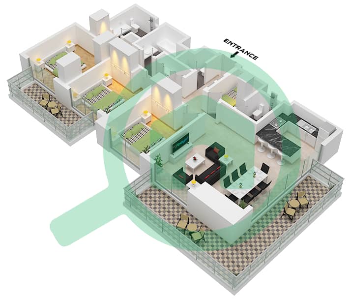 海滨1号大厦 - 3 卧室公寓类型／单位2 / UNIT 04 FLOOR-1-19戶型图 Type 2 Unit 04 Floor-1-19 interactive3D