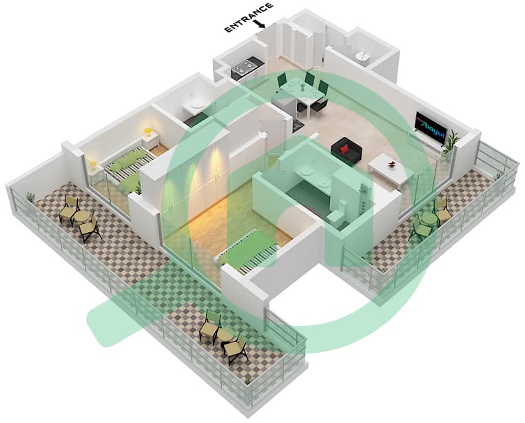 Бич Мэншн Тауэр 1 - Апартамент 2 Cпальни планировка Тип/мера 2 / UNIT 05 FLOOR 1 Type 2 Unit 05 Floor-1 interactive3D