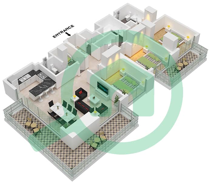海滨1号大厦 - 3 卧室公寓类型／单位2M / UNIT 01 FLOOR 2-1戶型图 Type 2M Unit 01 Floor 2-19 interactive3D