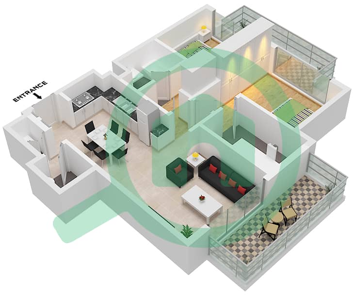 海滨1号大厦 - 2 卧室公寓类型／单位3M / UNIT 09 FLOOR 2-19戶型图 Type 3M Unit 09 Floor 2-19 interactive3D