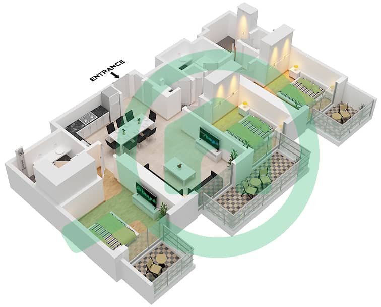 المخططات الطابقية لتصميم النموذج / الوحدة 3 / UNIT 02 FLOOR 22-33 شقة 3 غرف نوم - بيتش مانشن تاور 1 Type 3 Unit 02 Floor 22-33 interactive3D