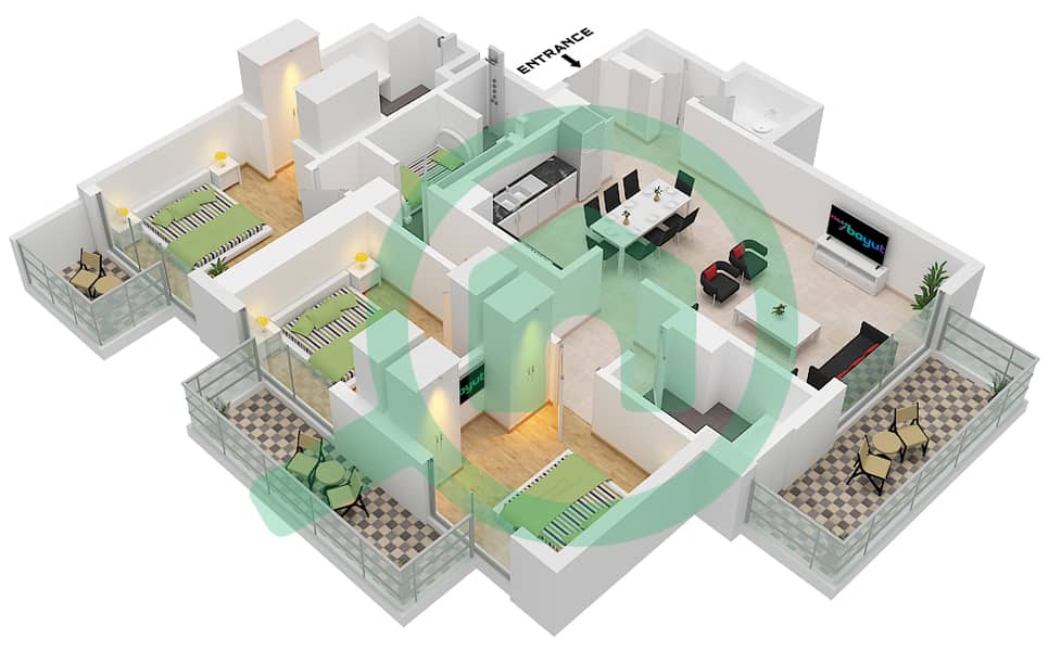 海滨1号大厦 - 3 卧室公寓类型／单位4 / UNIT 04 FLOOR 22戶型图 Type 4 Unit 04 Floor 22-33 interactive3D