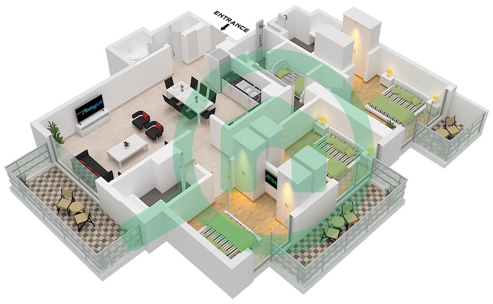Бич Мэншн Тауэр 1 - Апартамент 3 Cпальни планировка Тип/мера 4M / UNIT 06 FLOOR 22-33 Type 4M Unit 06 Floor 22-33 interactive3D