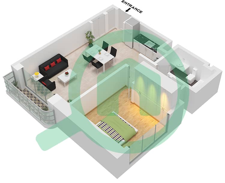 المخططات الطابقية لتصميم النموذج / الوحدة 1 / UNIT 5 FLOOR 2-4 شقة 1 غرفة نوم - برج بالاس بيتش ريزيدنس 1 Floor 2-4 interactive3D