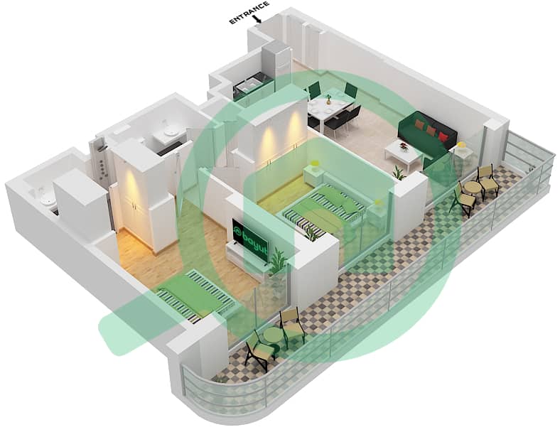 المخططات الطابقية لتصميم النموذج / الوحدة 4 / UNIT 3 FLOOR 7,9,11 شقة 1 غرفة نوم - برج بالاس بيتش ريزيدنس 2 Floor 7,9,11,13,15,17,19,21,25,27,29,31,33,35 interactive3D