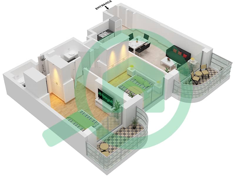 المخططات الطابقية لتصميم النموذج / الوحدة 5 / UNIT 3 FLOOR 8,10,12 شقة 1 غرفة نوم - برج بالاس بيتش ريزيدنس 2 Floor 8,10,12,14,16,18,20,22,26,28,30,32,34 interactive3D