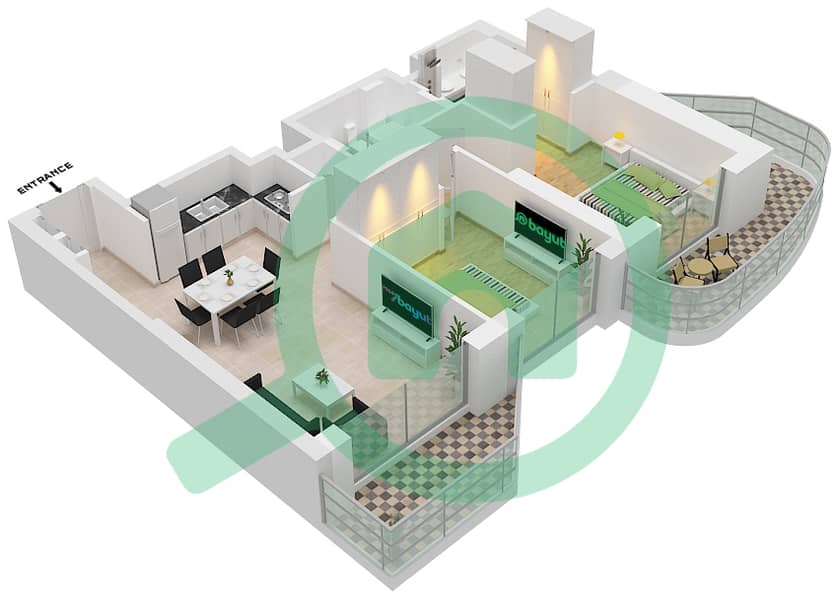 المخططات الطابقية لتصميم النموذج / الوحدة 4A / UNIT 4 FLOOR 7,9,11 شقة 1 غرفة نوم - برج بالاس بيتش ريزيدنس 2 Floor 7,9,11,13,15,17,19,21,25,27,29,31,33,35 interactive3D