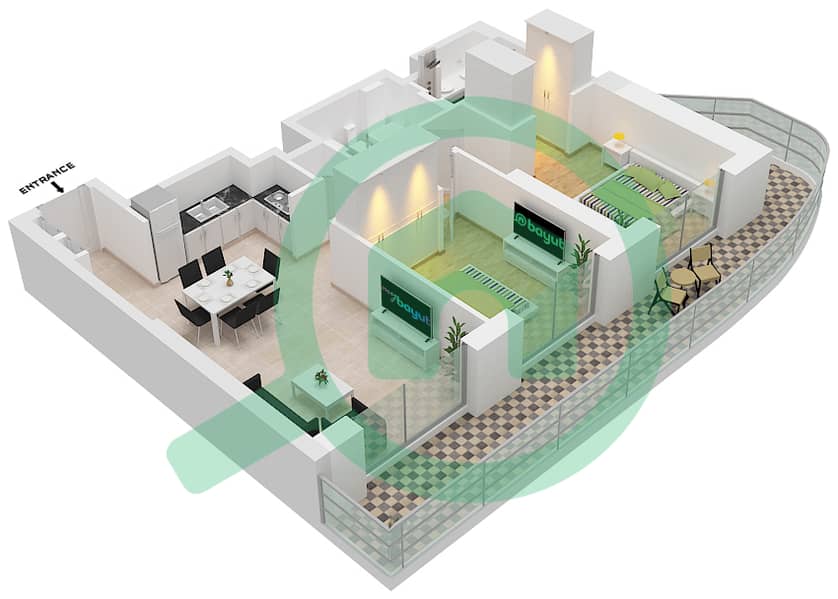 المخططات الطابقية لتصميم النموذج / الوحدة 5A / UNIT 4 FLOOR 8,10,12 شقة 1 غرفة نوم - برج بالاس بيتش ريزيدنس 2 Floor 8,10,12,14,16,18,20,22,26,28,30,32,34 interactive3D
