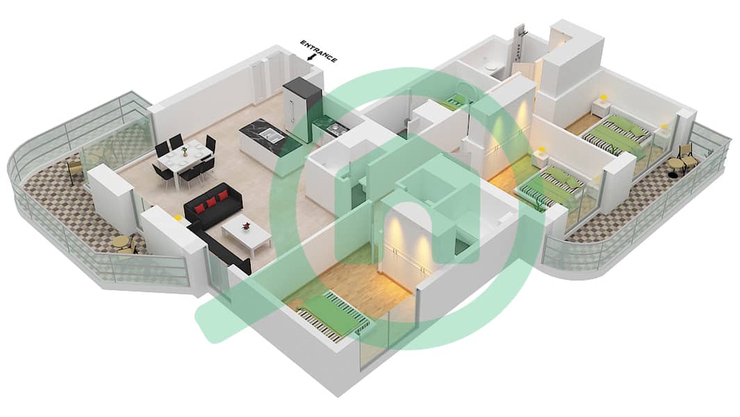 المخططات الطابقية لتصميم النموذج / الوحدة 3 / UNIT 3 FLOOR 36 شقة 3 غرف نوم - برج بالاس بيتش ريزيدنس 2 Floor 36 interactive3D