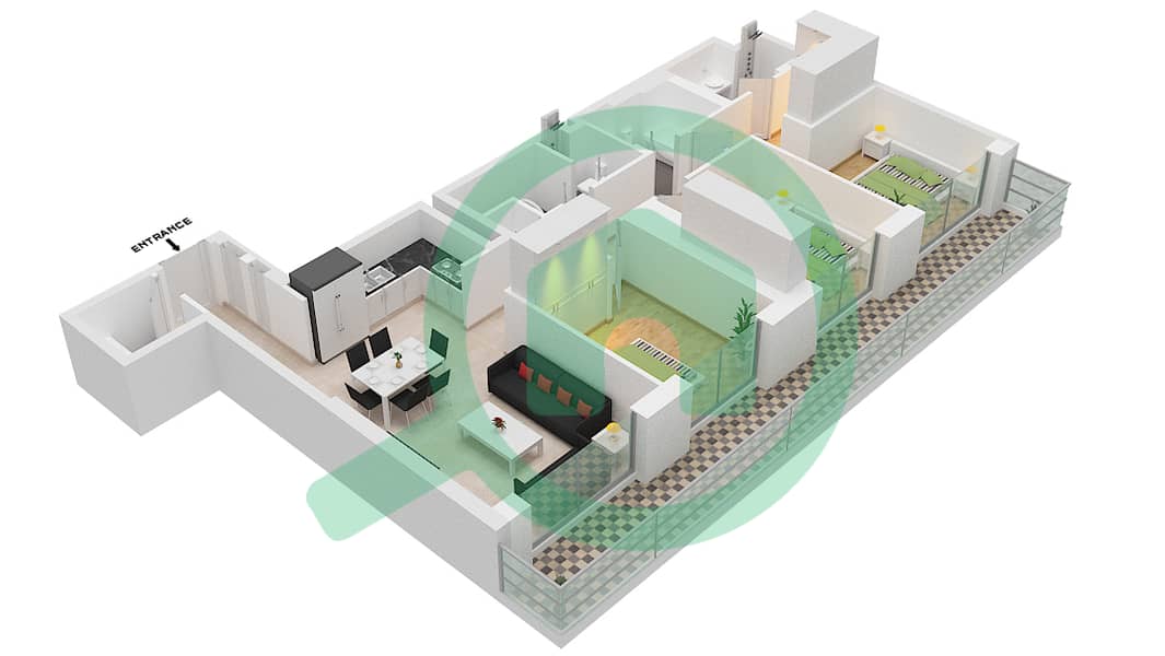 المخططات الطابقية لتصميم النموذج / الوحدة 4B / UNIT 4 FLOOR 38,39 شقة 3 غرف نوم - برج بالاس بيتش ريزيدنس 2 Floor 38,39 interactive3D