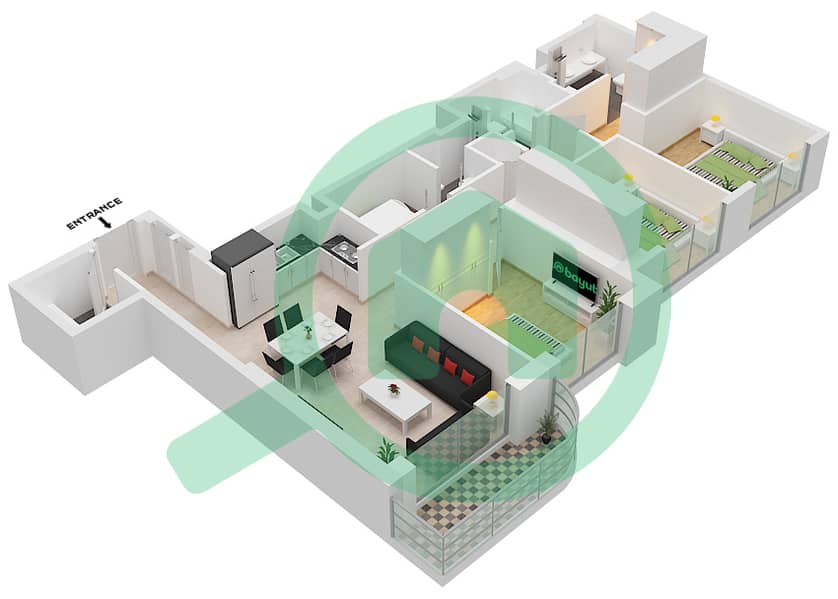المخططات الطابقية لتصميم النموذج / الوحدة 5 / UNIT 5 FLOOR 36 شقة 3 غرف نوم - برج بالاس بيتش ريزيدنس 2 Floor 36 interactive3D