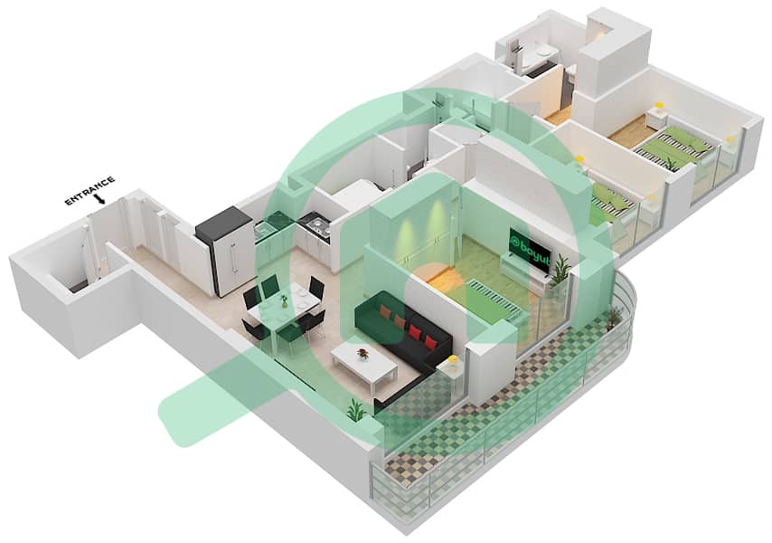 المخططات الطابقية لتصميم النموذج / الوحدة 5A / UNIT 5 FLOOR 37 شقة 3 غرف نوم - برج بالاس بيتش ريزيدنس 2 Floor 37 interactive3D