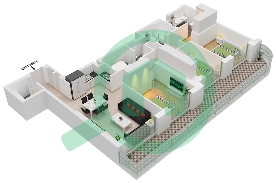 المخططات الطابقية لتصميم النموذج / الوحدة 5B / UNIT 5 FLOOR 38,39 شقة 3 غرف نوم - برج بالاس بيتش ريزيدنس 2 Floor 38,39 interactive3D