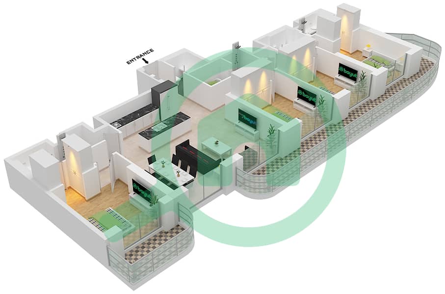 المخططات الطابقية لتصميم النموذج / الوحدة 2 / UNIT 2 FLOOR 36 شقة 4 غرف نوم - برج بالاس بيتش ريزيدنس 2 Floor 36 interactive3D