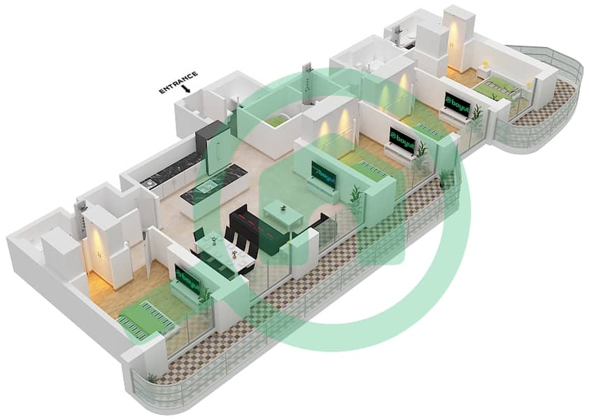 المخططات الطابقية لتصميم النموذج / الوحدة 2A / UNIT 2 FLOOR 37 شقة 4 غرف نوم - برج بالاس بيتش ريزيدنس 2 Floor 37 interactive3D