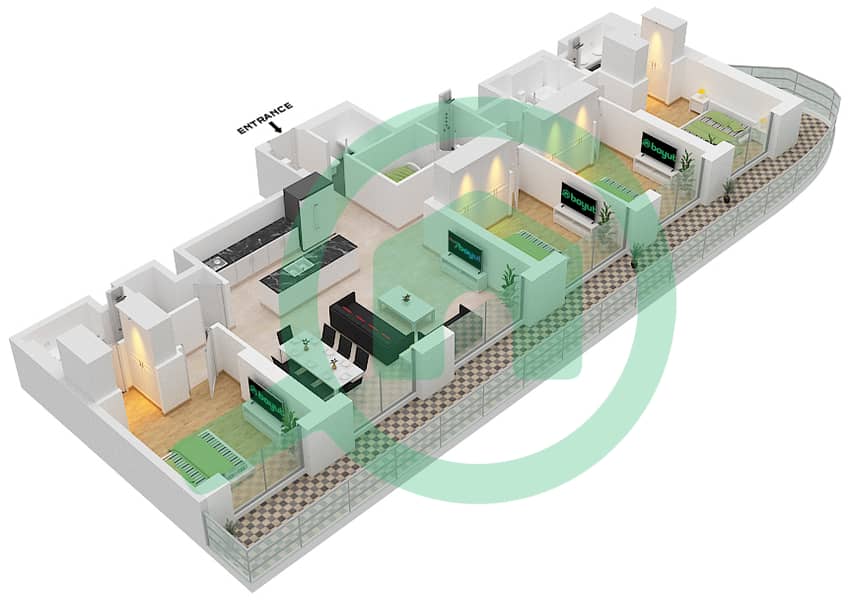 المخططات الطابقية لتصميم النموذج / الوحدة 2B / UNIT 2 FLOOR 38-40 شقة 4 غرف نوم - برج بالاس بيتش ريزيدنس 2 Floor 38-40 interactive3D