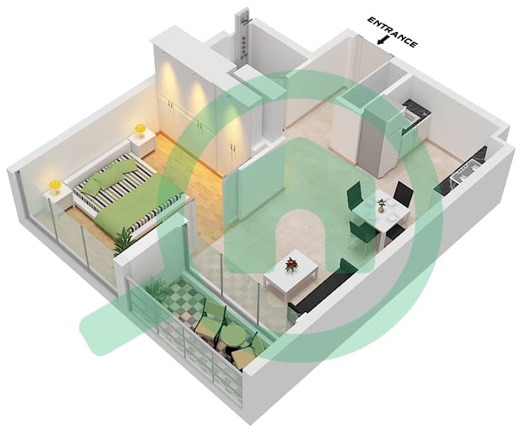 المخططات الطابقية لتصميم النموذج 1 شقة 1 غرفة نوم - إيلانو من أورو24 Type 1 interactive3D