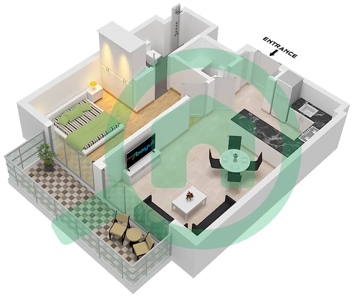 阿奇琪溪畔景观公寓3期 - 1 卧室公寓类型／单位2A / UNIT 15 FLOOR 2-16戶型图 Type 2A Unit 15 Floor 2-16 interactive3D