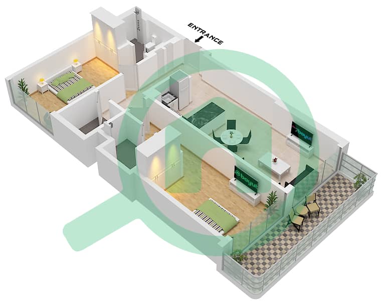 阿奇琪溪畔景观公寓3期 - 2 卧室公寓类型／单位1 / UNIT 16 FLOOR 2-19戶型图 Type 1 Unit 16 Floor 2-19 interactive3D