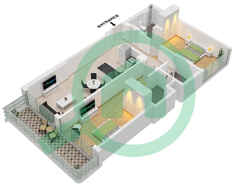 Крик Вьюс III Бай Азизи - Апартамент 2 Cпальни планировка Тип/мера 1A / UNIT 1 FLOOR 2 Type 1A Unit 1 Floor 2 interactive3D