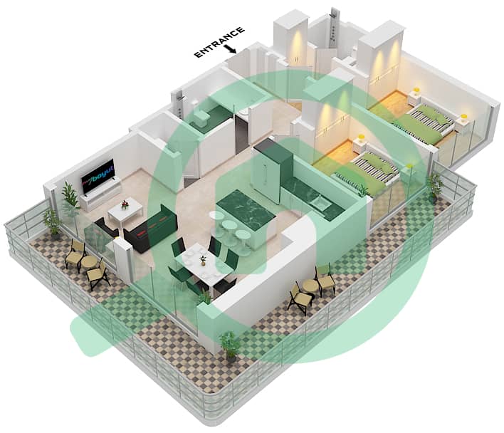 阿奇琪溪畔景观公寓3期 - 2 卧室公寓类型／单位3 / UNIT 9 FLOOR 2-16戶型图 Type 3 Unit 9 Floor 2-16 interactive3D