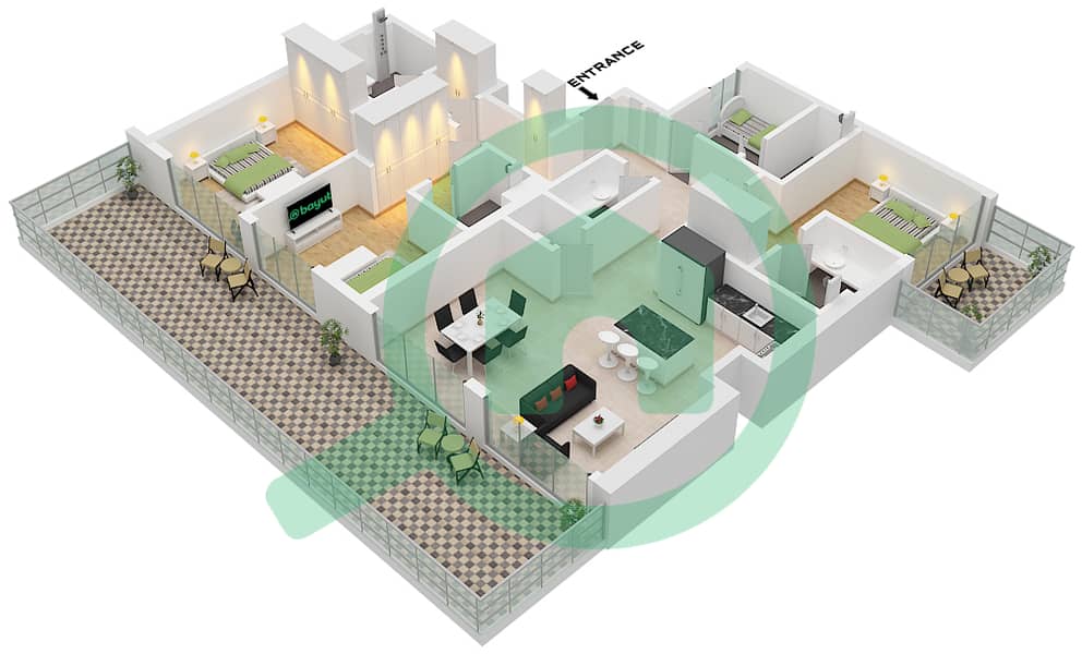 Крик Вьюс III Бай Азизи - Апартамент 3 Cпальни планировка Тип/мера 1A / UNIT 3 FLOOR 1 Type 1A Unit 3 Floor 1 interactive3D