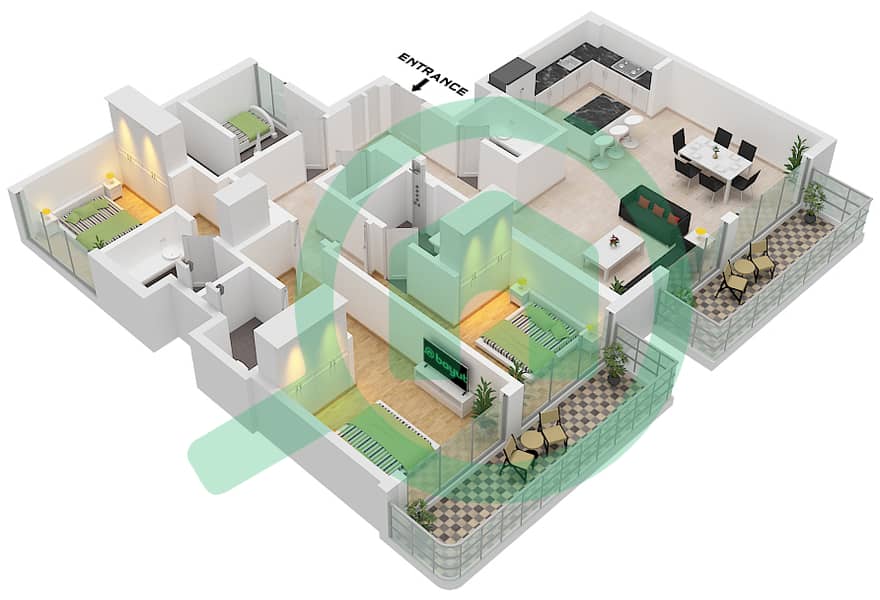 阿奇琪溪畔景观公寓3期 - 3 卧室公寓类型／单位2 / UNIT 14 FLOOR 17-19戶型图 Type 2 Unit 14 Floor 17-19 interactive3D