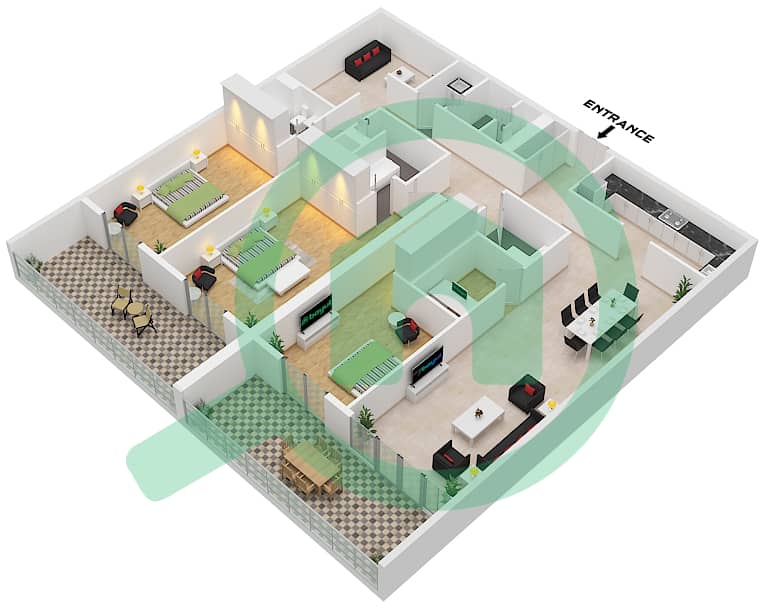 Al Zeina Building A - 3 Bedroom Apartment Type A16A FLOOR 2-13 Floor plan A16A Floor 2-13 interactive3D