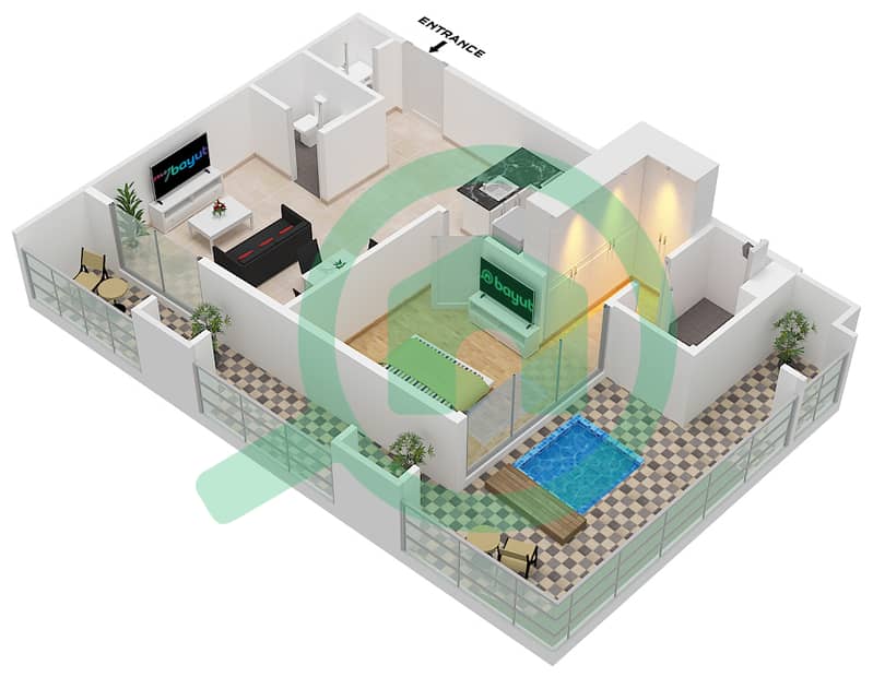 المخططات الطابقية لتصميم النموذج A شقة 1 غرفة نوم - كافنديش سكوير Type A interactive3D
