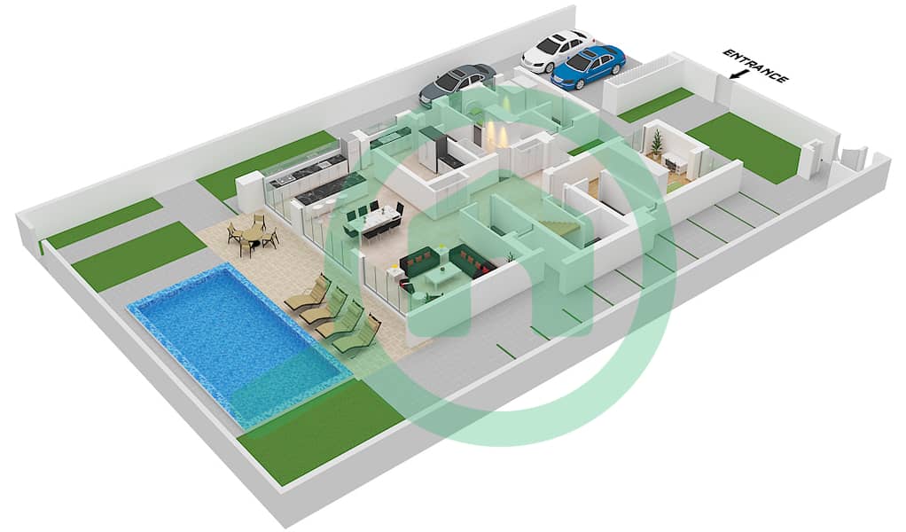 المخططات الطابقية لتصميم النموذج 4B-C فیلا 4 غرف نوم - تلال الفرجان Lower Floor interactive3D